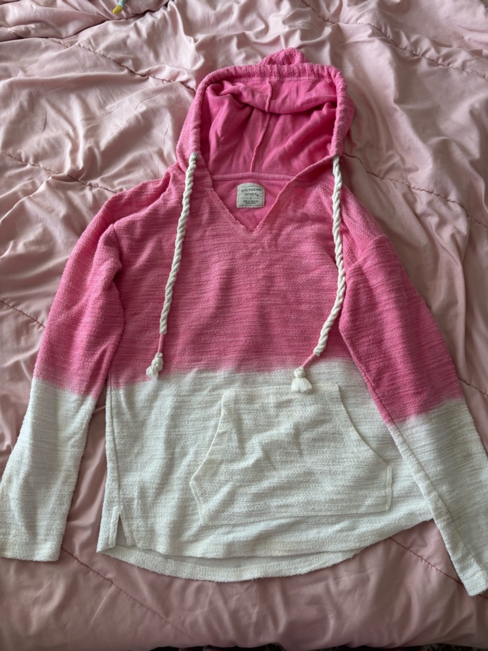 Women's Pink & White Hooded Pullover Sweater